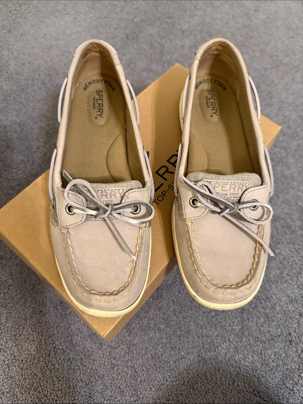 Sperry Light Gray Leather and Fabric  Slip-On Boat Shoes